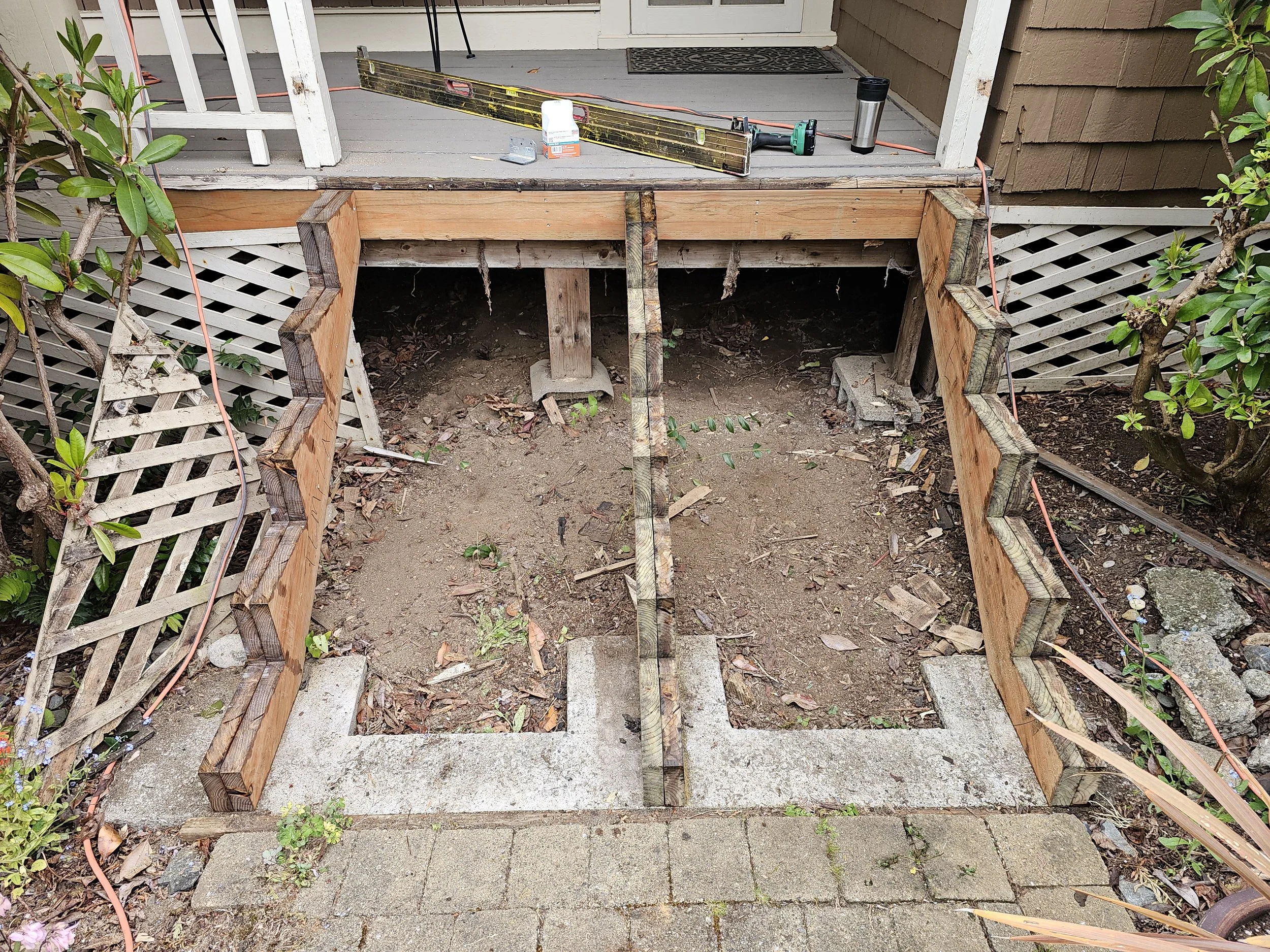A demo of front porch stairs before rebuild.