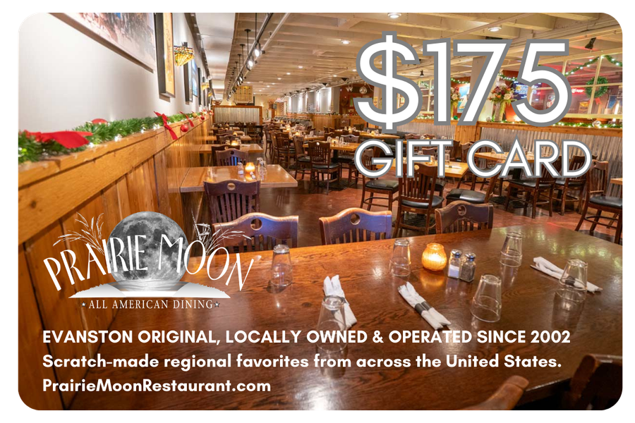 Interior of a cozy restaurant with wooden furniture and holiday decorations, featuring a large `$175 GIFT CARD` text overlay, and promotional text about Prairie Moon restaurant, including its location, history, and website.