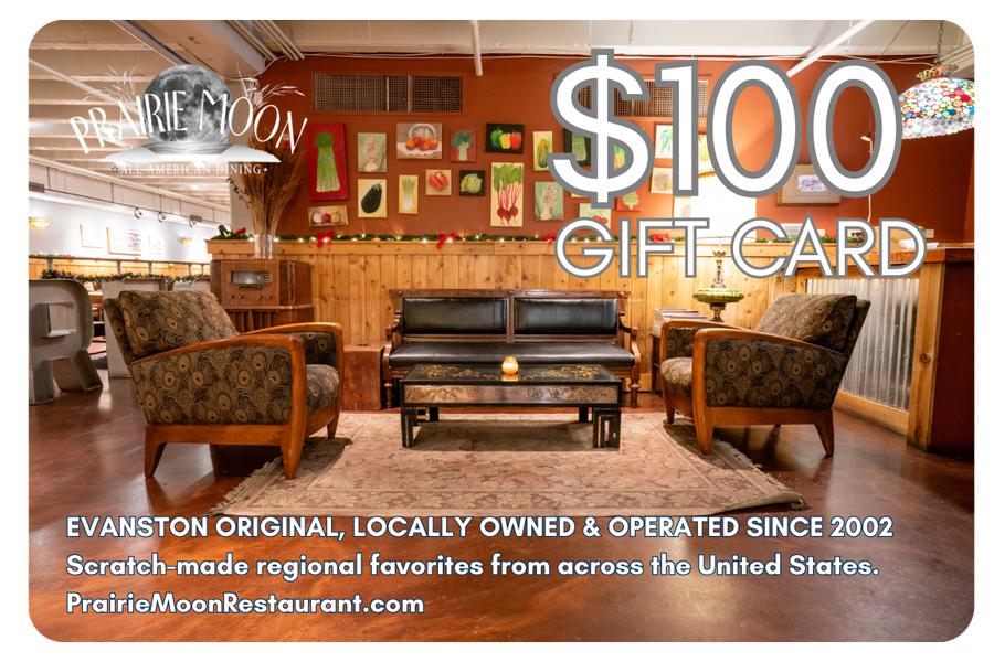 A gift card for Prairie Moon restaurant showing the interior with seating, artwork, and a decorative lamp.