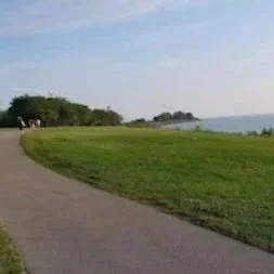 A paved pathway running alongside a grassy area with trees in the distance and a body of water in the background.