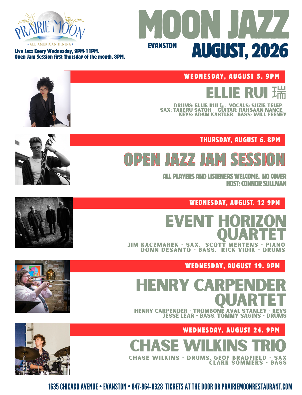 Poster advertising the MOON JAZZ Evanston events in August 2026, including performances by Ellie Rui, an open jazz jam session, the Event Horizon Quartet, Chase Wilkins Trio, with dates, times, and lineup details, including photos of the performers and the venue contact information.