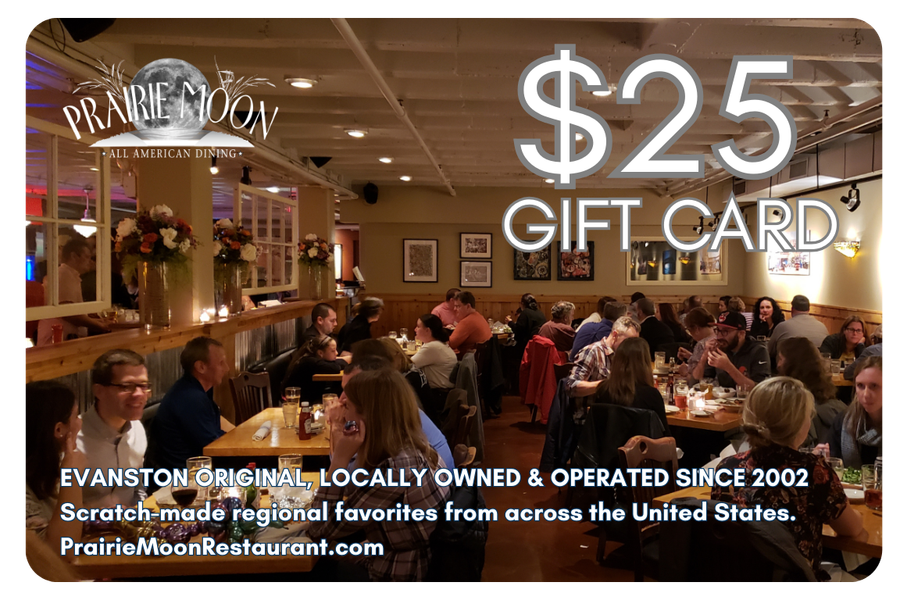 Indoor restaurant with many people dining, wooden decor, and framed art on the walls. Large text advertises a $25 gift card from Prairie Moon Restaurant.