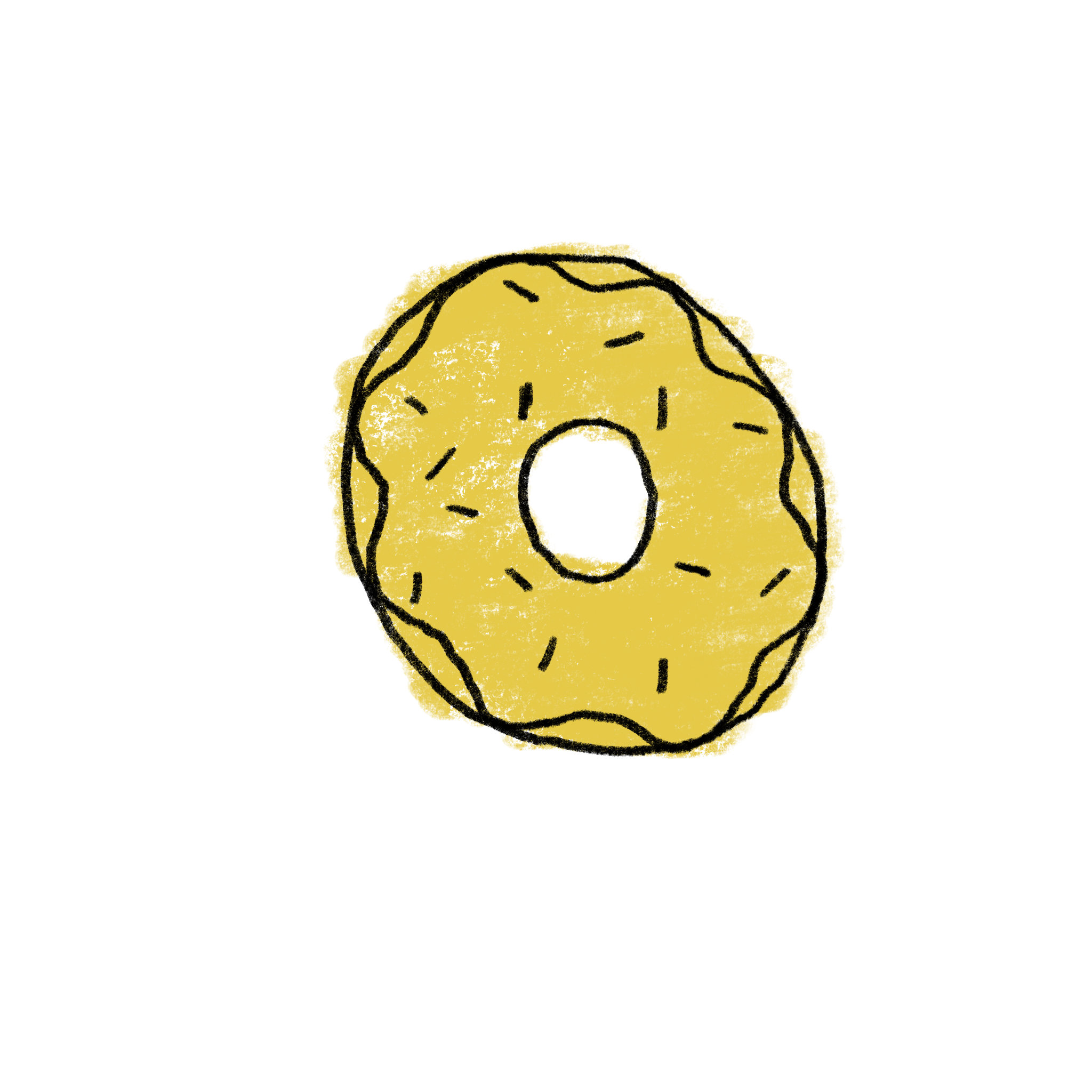 Ilustração de um cookie amarelo com buraco no centro, fundo preto.