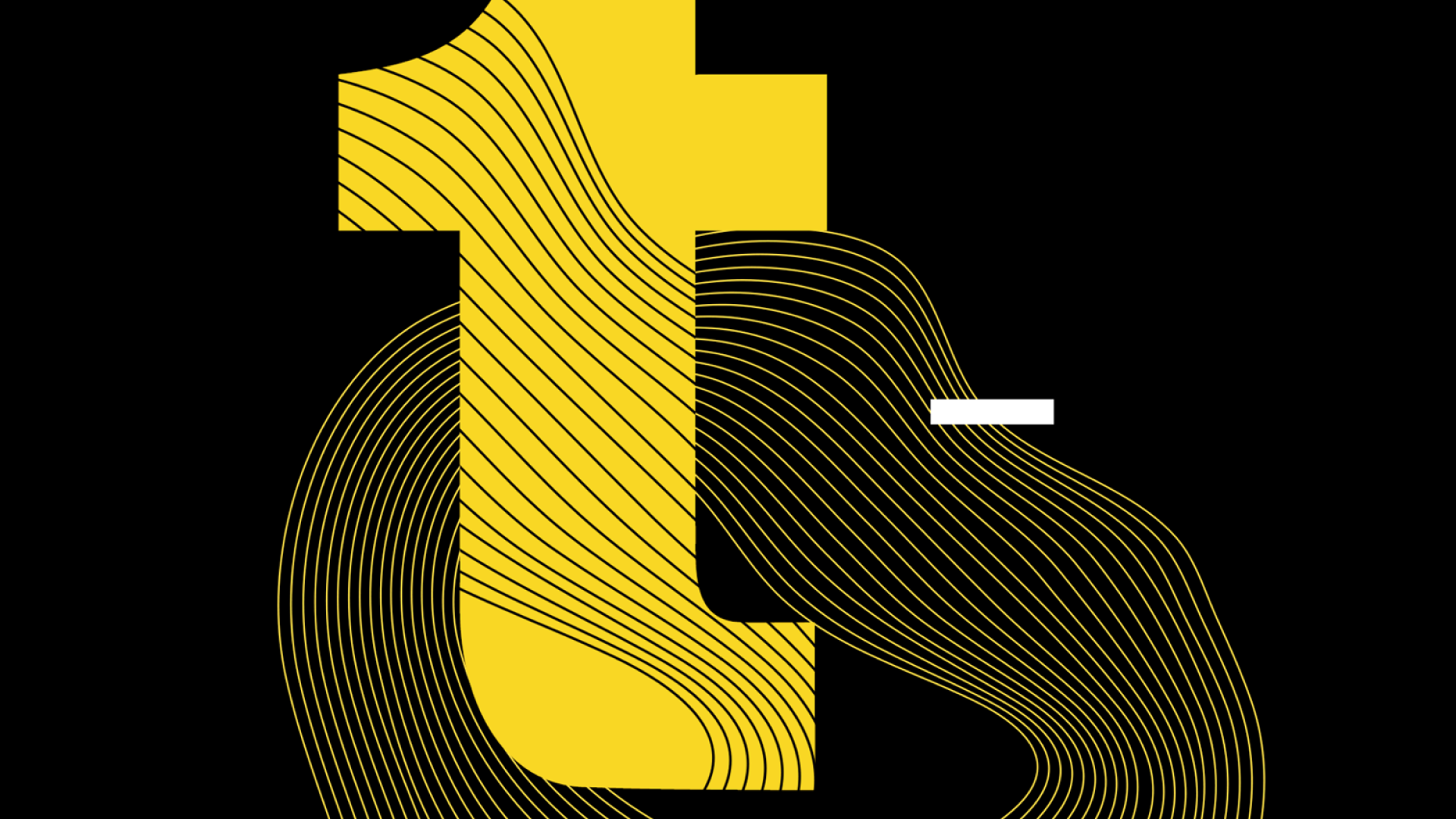 Design gráfico com formas geométricas amarelas e linhas curvas sobre fundo preto.