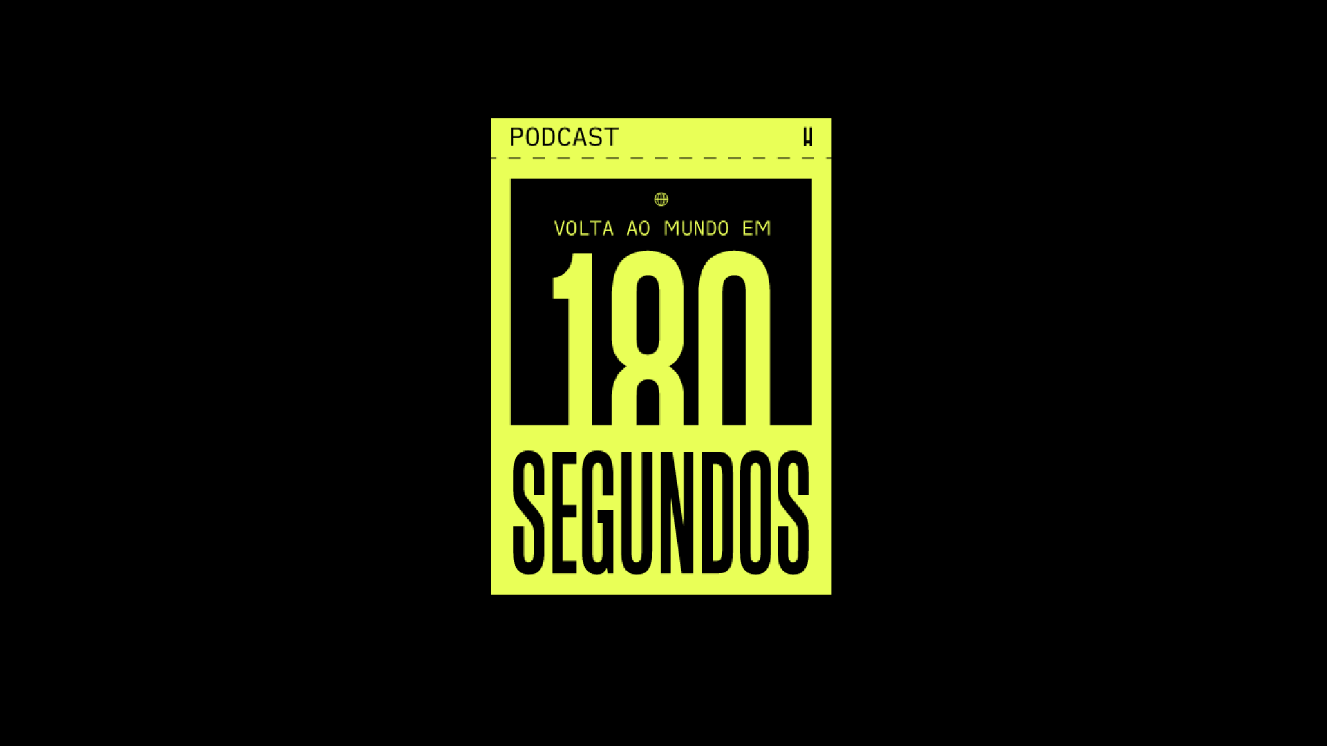 Design de uma estampa de camiseta com fundo preto, contendo uma representação de um smartphone amarelo com texto em destaque: "Volta ao mundo em 180 segundos", relacionado a um podcast chamado "Voar no mundo".