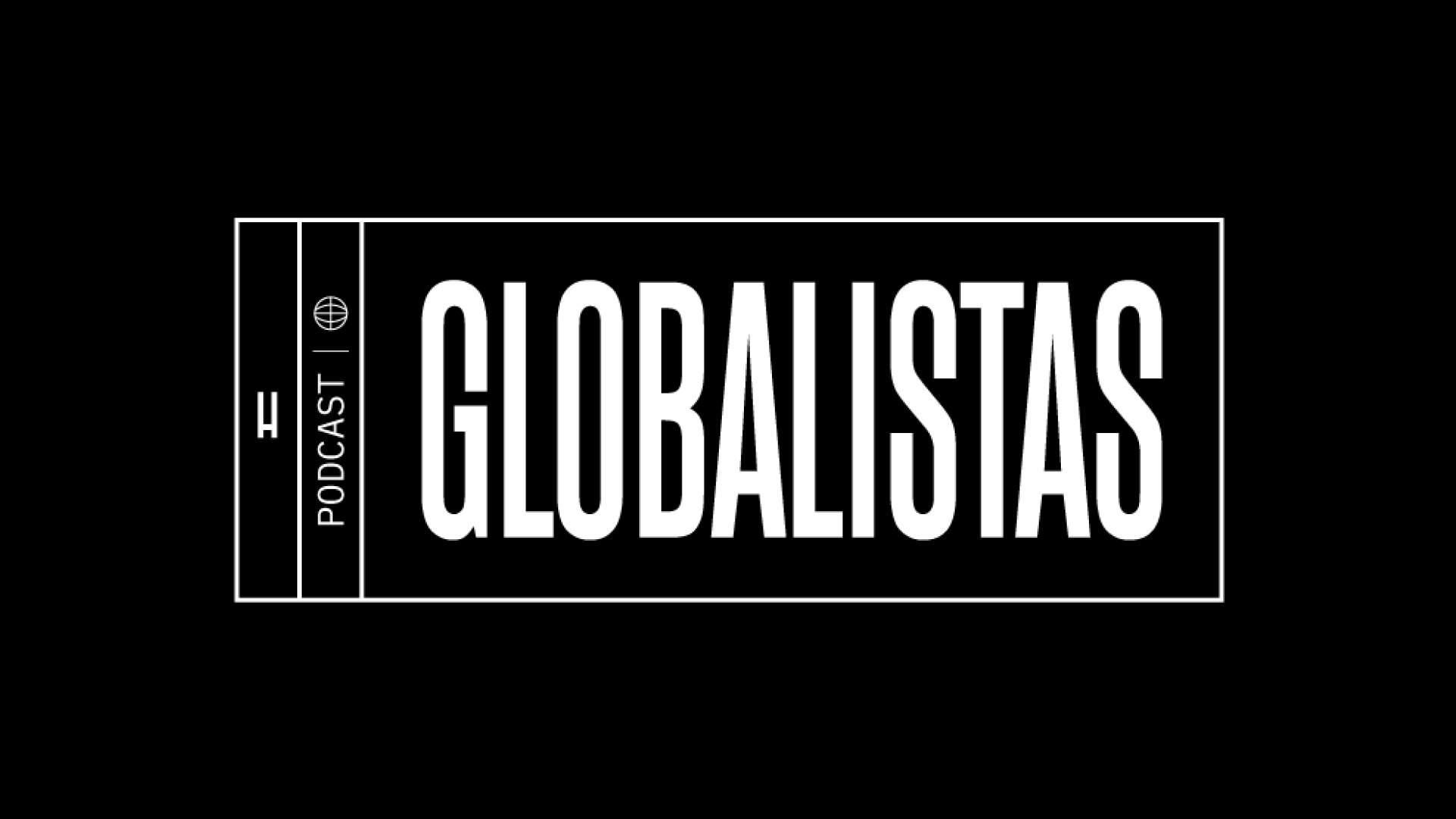Logotipo preto e branco do podcast "Globalistas" com o nome em destaque e um símbolo de globo ao lado da palavra "podcast".
