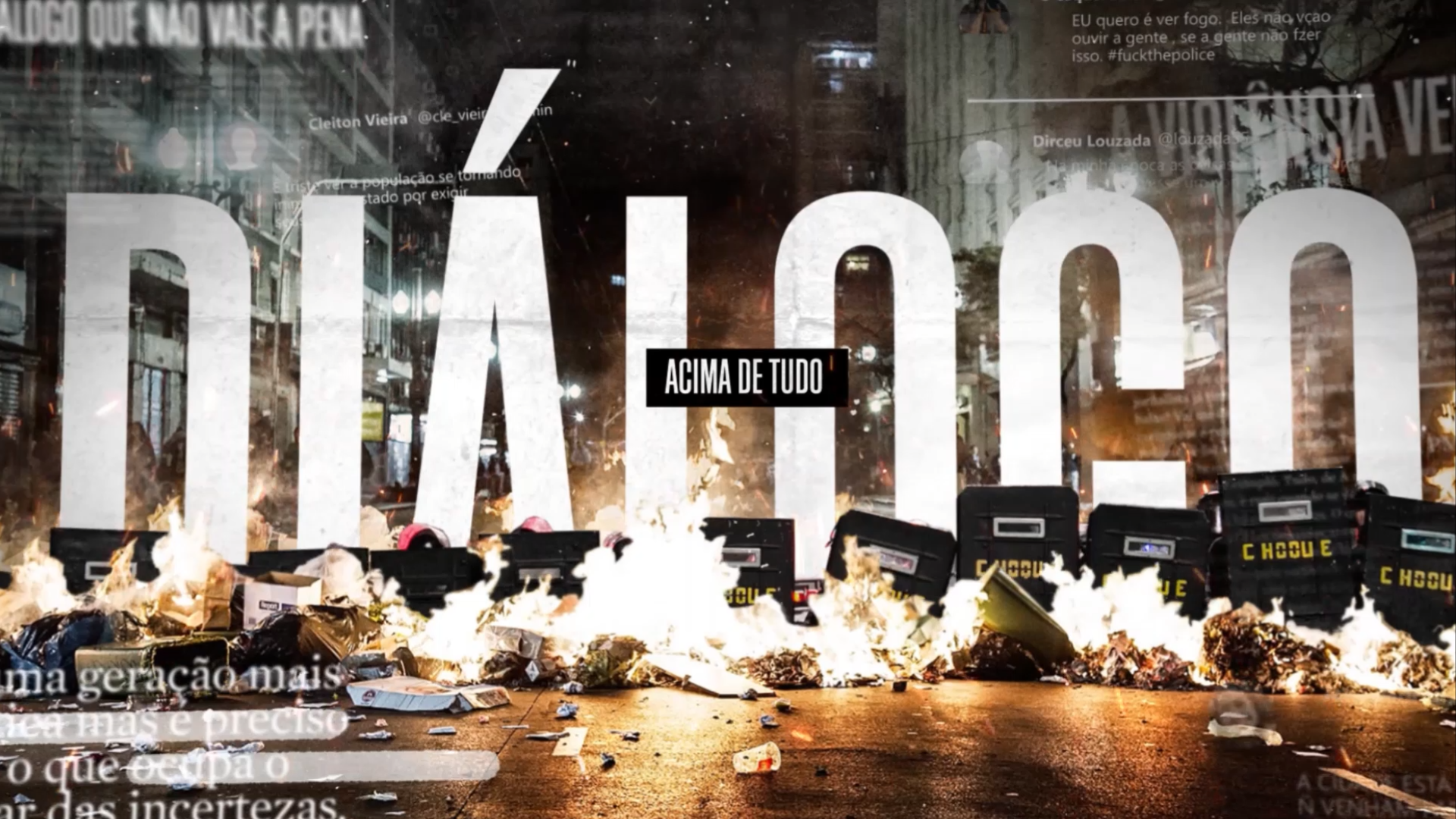 Imagem de uma rua com lixo e fogo no chão, com uma grande frase em letras brancas que diz 'LADÃO', e uma legenda pequena que diz 'ACIMA DE TUDO'.