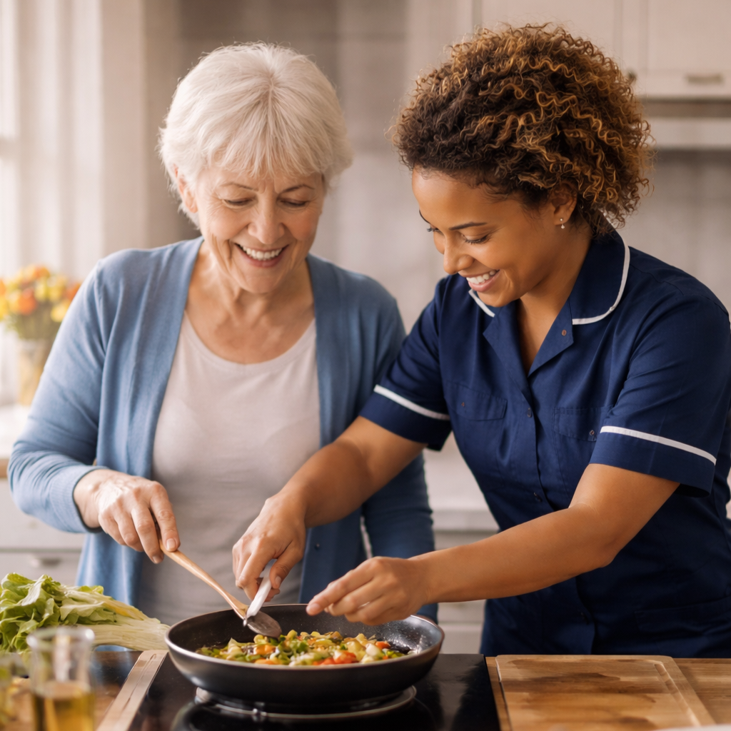 An elderly woman and a woman in a navy uniform cooking together in a kitchen, smiling and preparing food in a skillet.