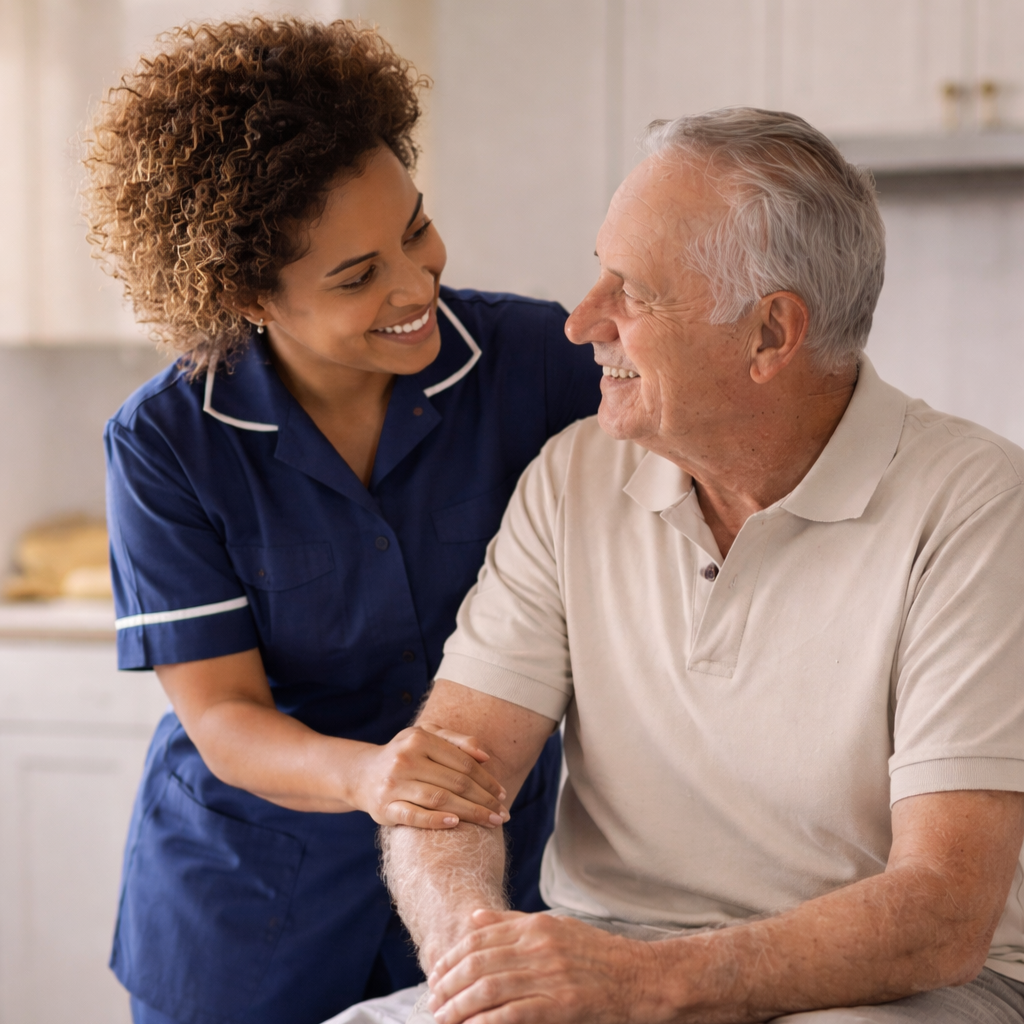 A nurse smiling warmly at an elderly man, gently holding his arm in a caring manner. The elderly man is smiling back, sitting in a comfortable setting.