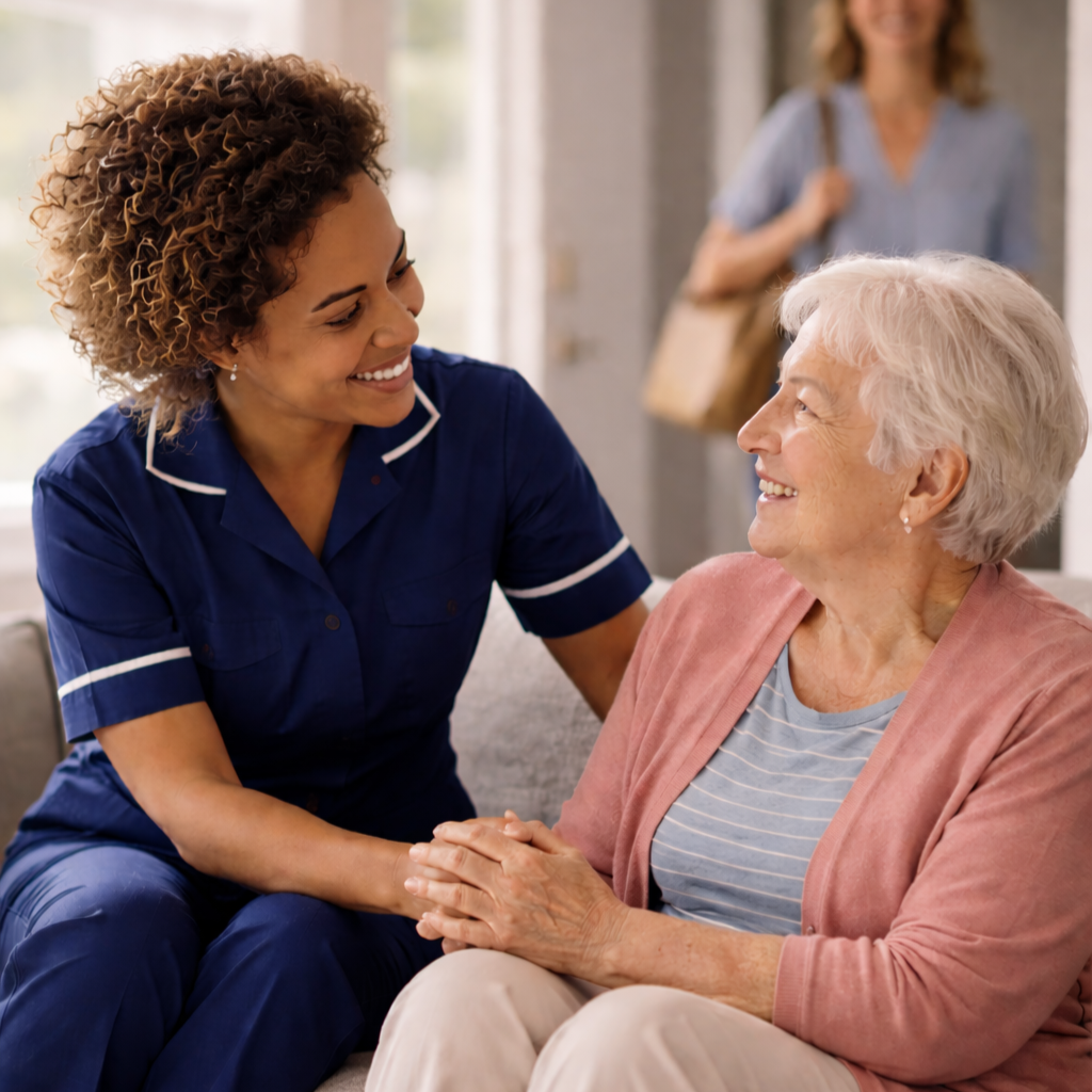 A healthcare worker, wearing navy scrubs, smiling and holding hands with an elderly woman who is seated and looking at her with a joyful expression. A woman with a bag is blurred in the background.