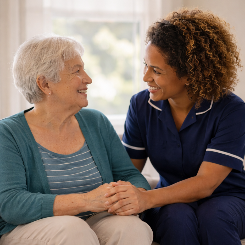 A healthcare worker holding hands and smiling at an elderly woman sitting in a chair, warmth and care in their interaction.