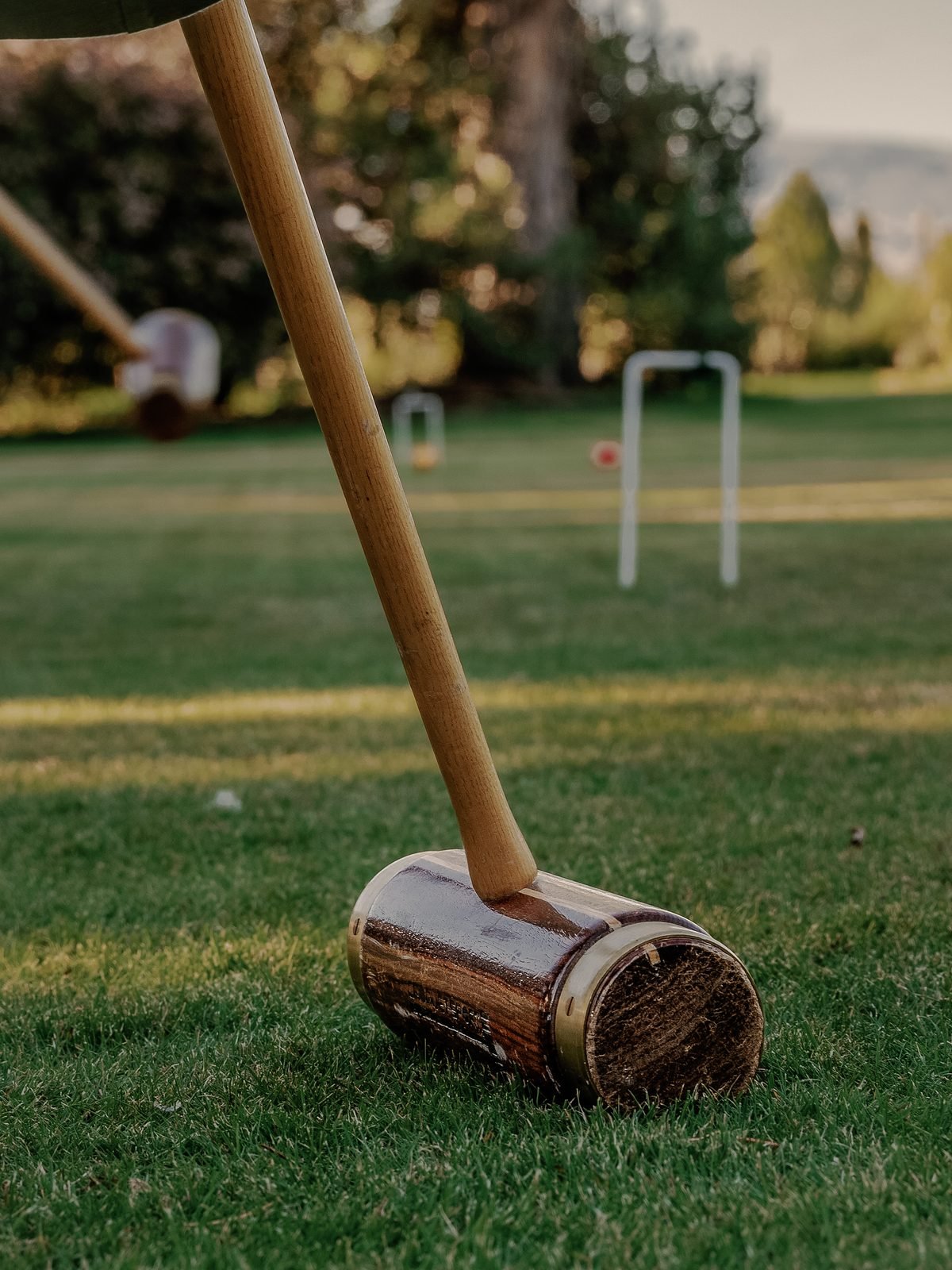 A wooden mallet resting on the grass in a backyard with a small orange object in the background, outdoor setting, trees, and a white goal post.