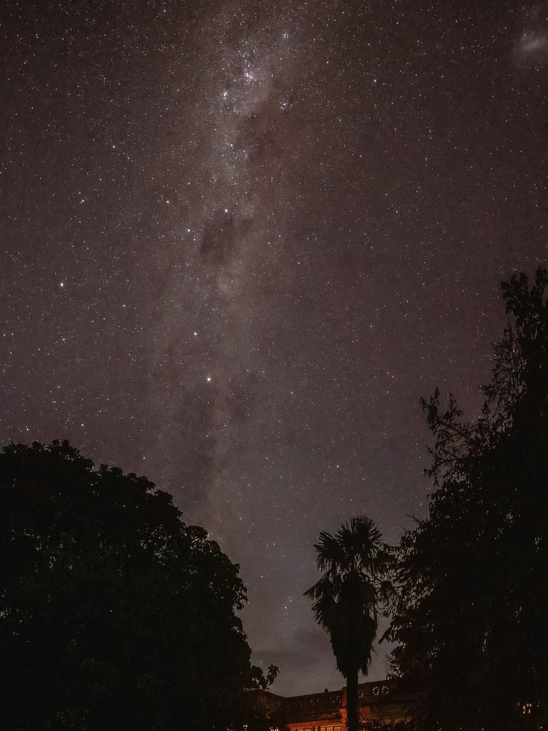 A clear night sky filled with stars and the Milky Way galaxy, with silhouettes of trees and a house at the bottom.