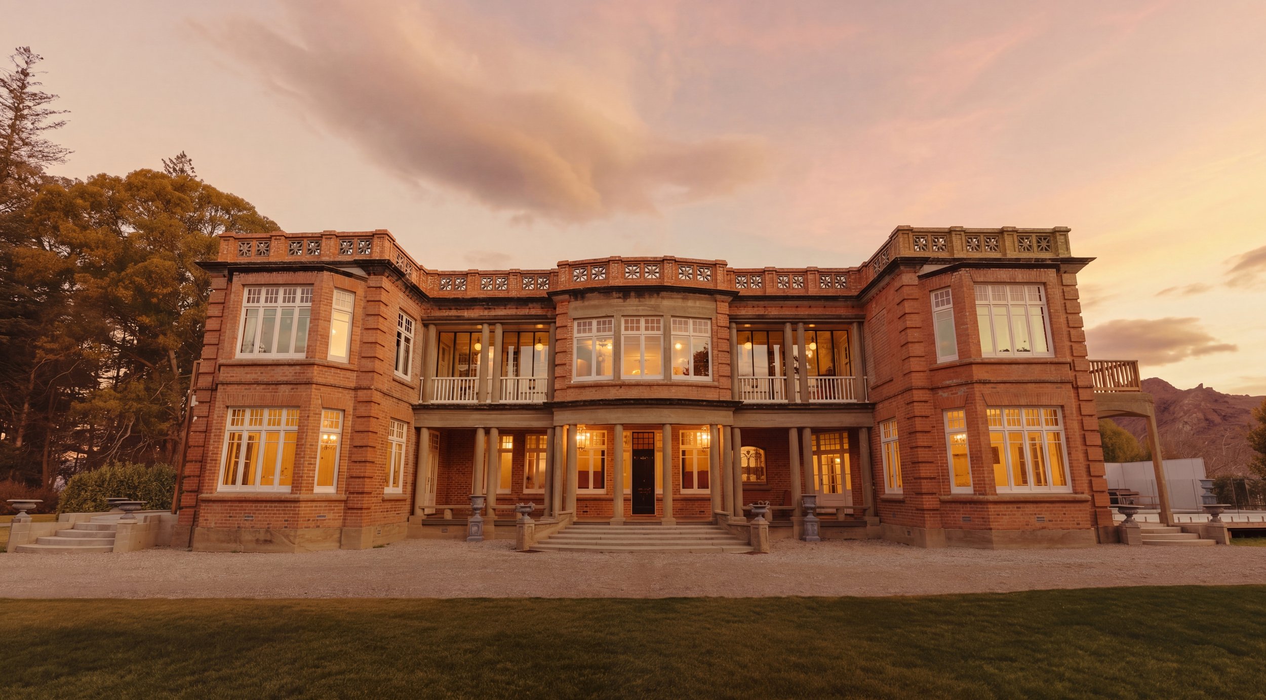 A large historic brick house with multiple windows and an elegant balcony, illuminated from inside, at sunset. There are trees on one side and a mountain in the background.