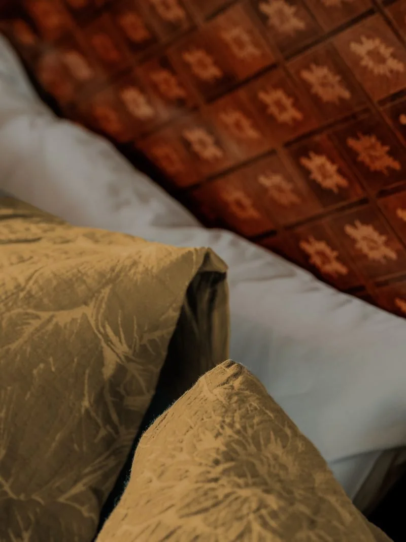 Close-up of a bed with patterned gold and tan pillows, ceiling with wooden tiles decorated with floral motifs in the background.