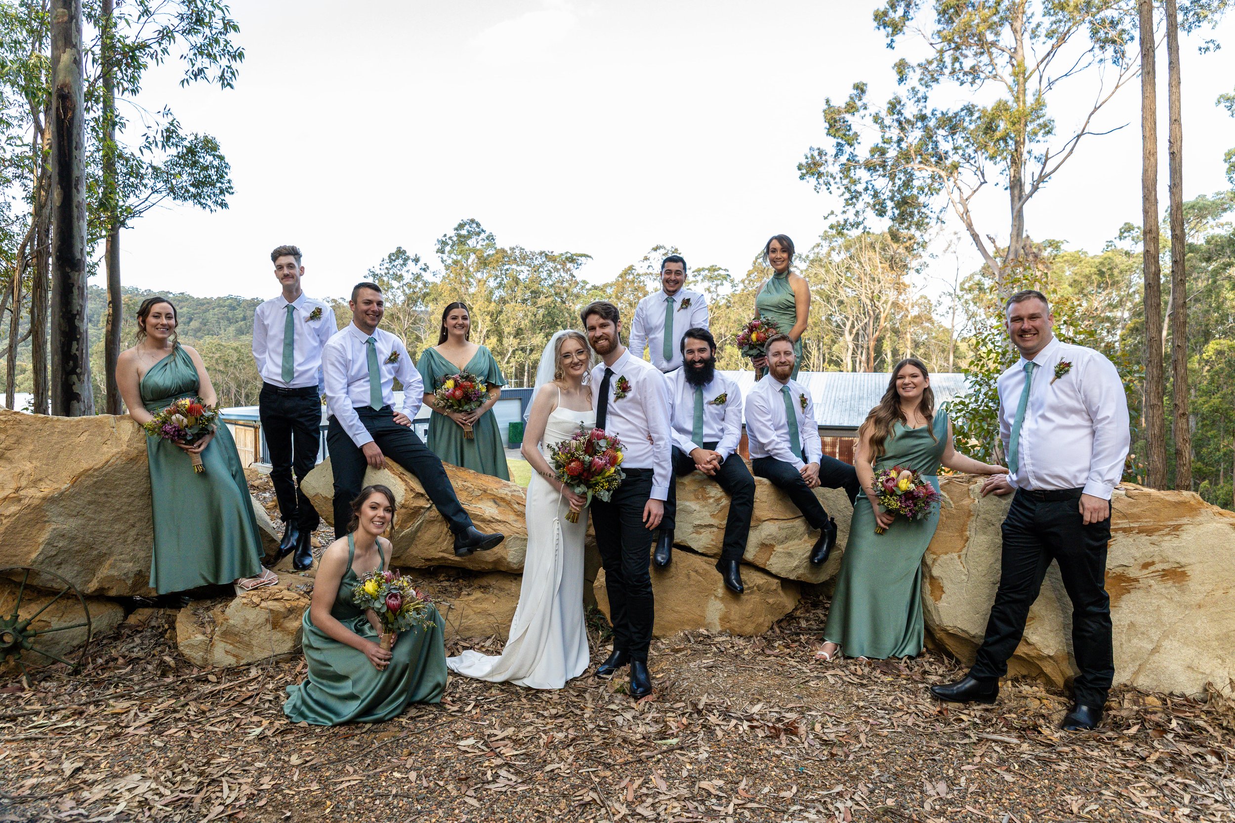 A wedding party of eleven people posing outdoors on a large rock, with trees and a blue sky in the background. The bride and groom are in the center, surrounded by bridesmaids and groomsmen. The bridesmaids are dressed in green dresses, and the groom