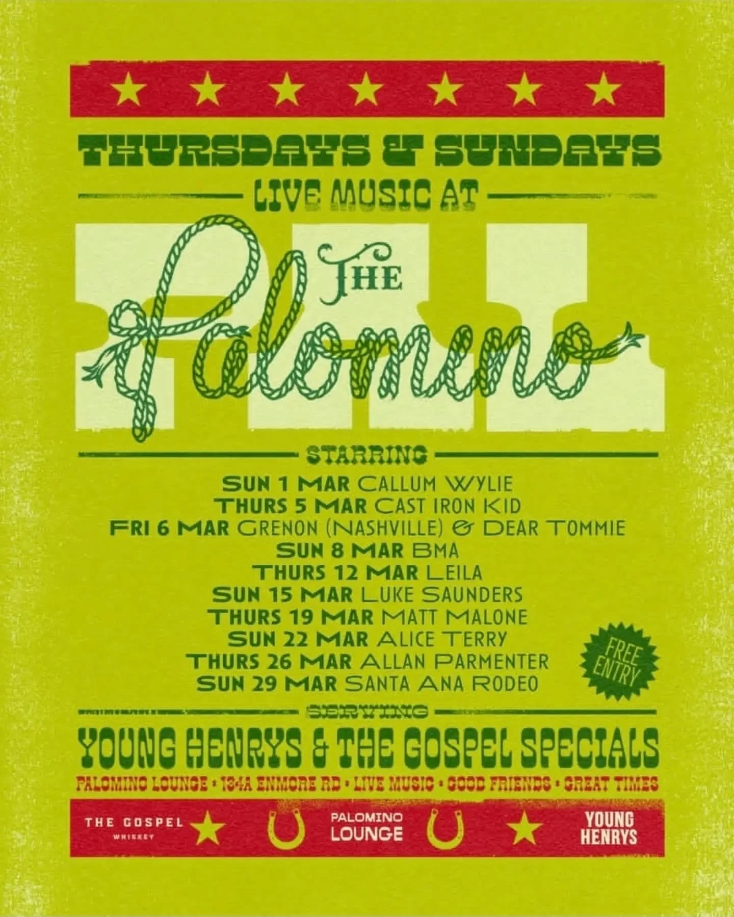 Bookings: March 2026
Venue: Palomino Lounge, Enmore
Sponsors: @younghenrys and @thegospelwhiskey