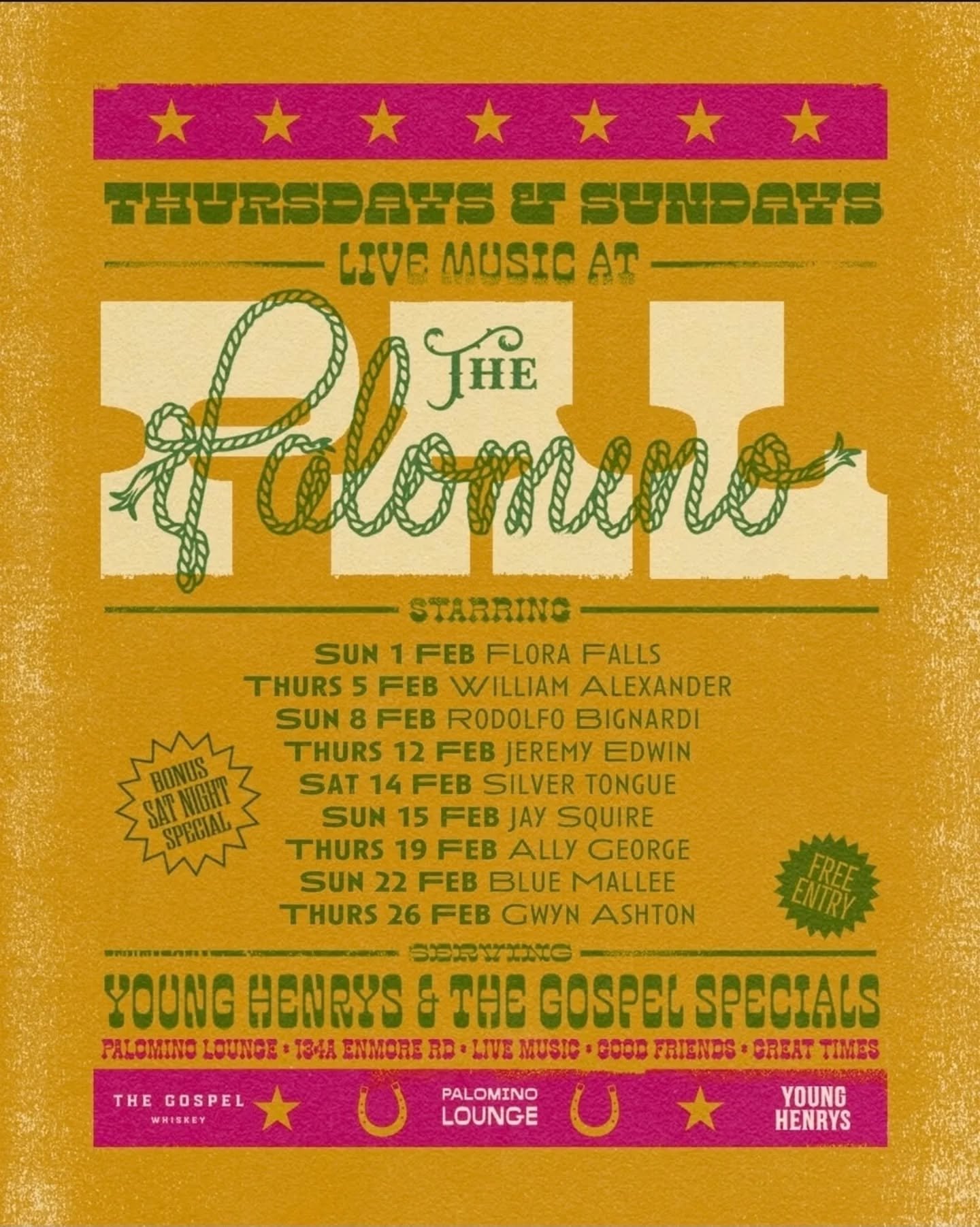 Bookings: February 2026
Venue: Palomino Lounge, Enmore
Sponsors: @younghenrys and @thegospelwhiskey