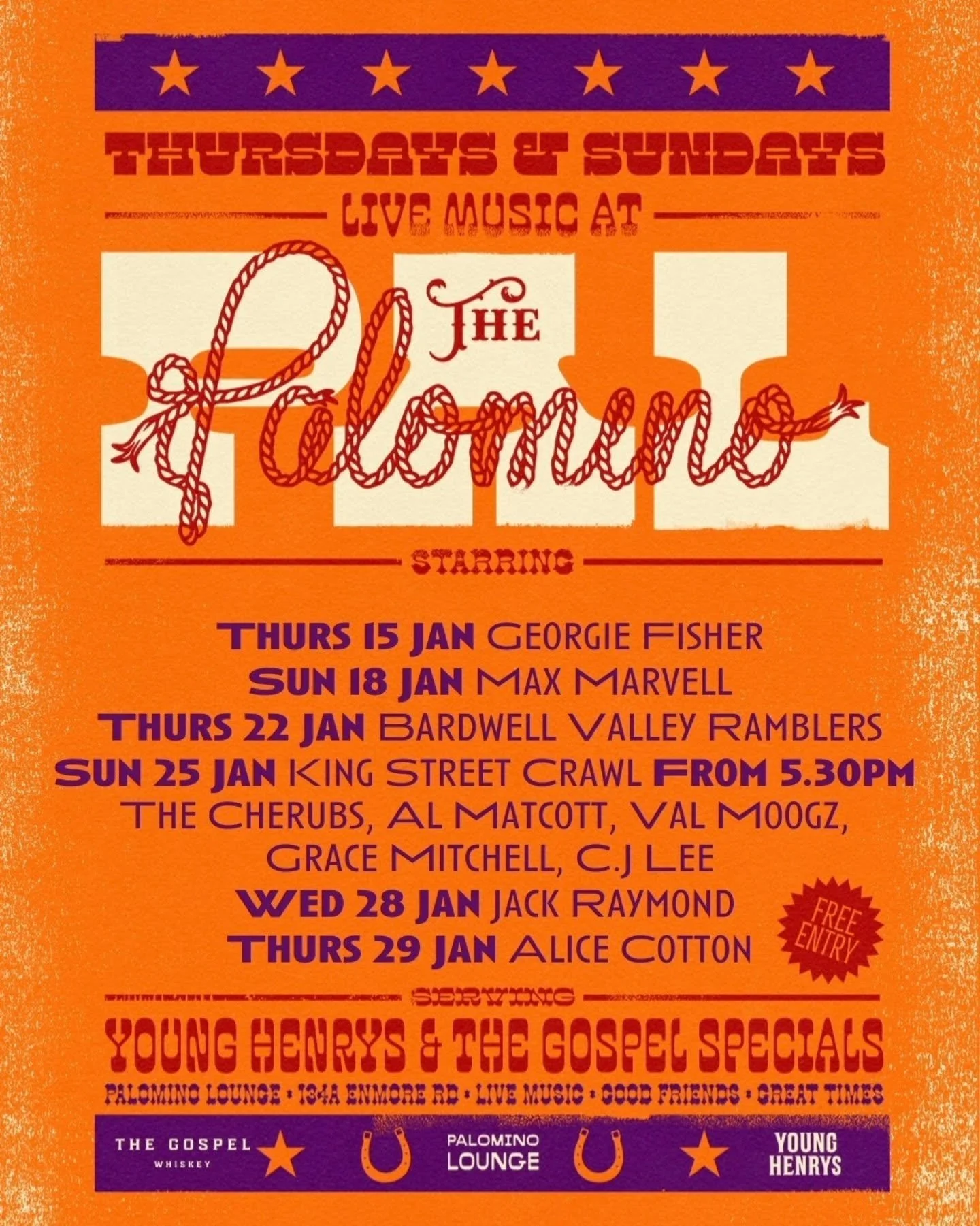 Bookings: January 2026
Venue: Palomino Lounge, Enmore
Sponsors: @younghenrys and @thegospelwhiskey