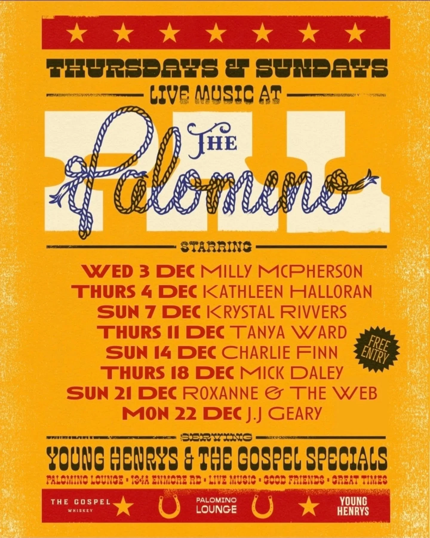 Bookings: December 2025
Venue: Palomino Lounge, Enmore
Sponsors: @younghenrys and @thegospelwhiskey