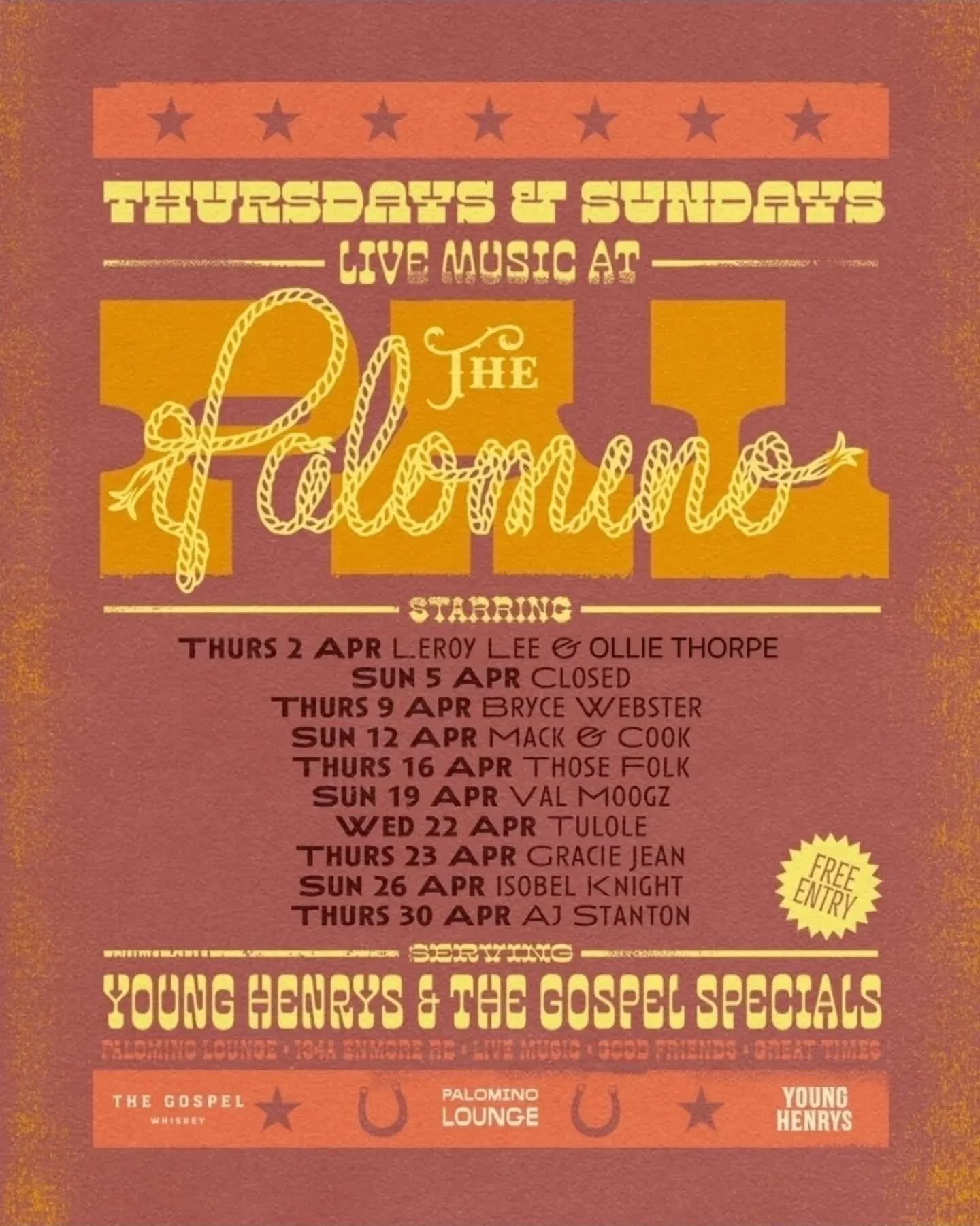 Bookings: April 2026
Venue: Palomino Lounge, Enmore
Sponsors: @younghenrys and @thegospelwhiskey
Artwork: @gooddecisions.au 

*Ollie Thorpe replacing Tommy Brooks
