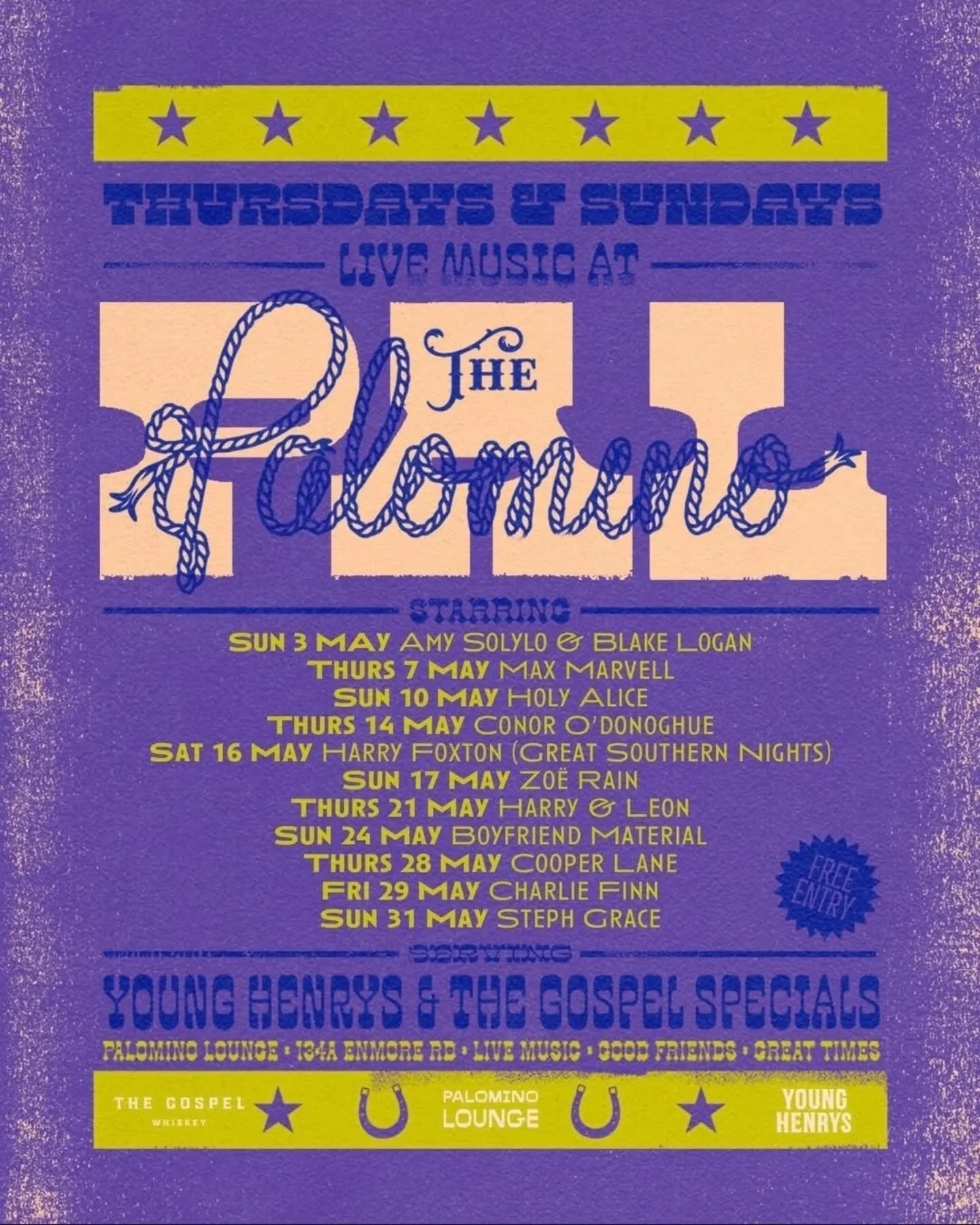 Bookings: May 2026
Venue: Palomino Lounge, Enmore
Sponsors: @younghenrys and @thegospelwhiskey
Artwork: @gooddecisions.au 

*Alice Terry replaced Amy Solylo