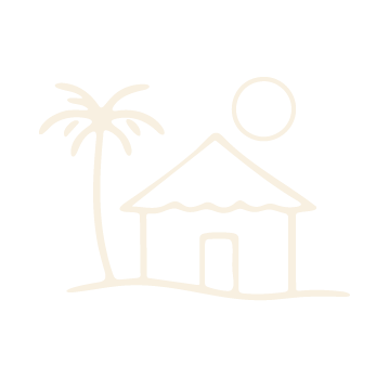 Simple line drawing of a house with a thatched roof, a palm tree, and a sun in the sky.