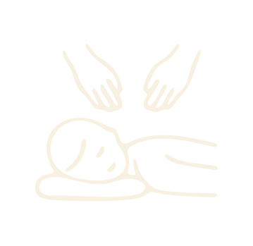 Line drawing of a person lying face down with their head turned to the side and hands resting on a surface, with two hands above, as if performing a massage or therapy.