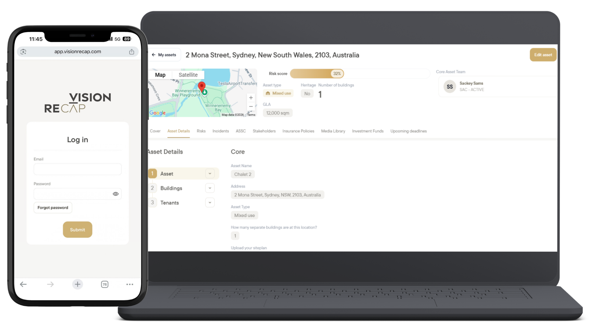 A laptop screen displaying an asset management software interface with a map of Sydney, Australia, and asset details, alongside a smartphone screen showing a login page for the Vision Recap app.