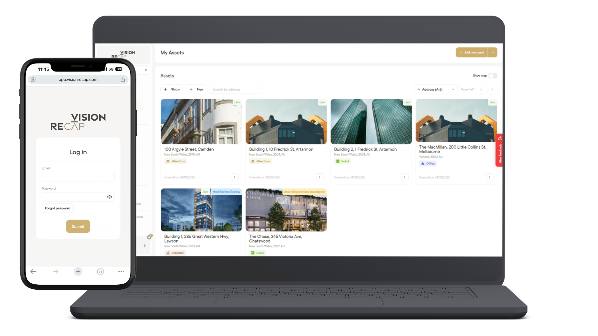 A laptop screen showing a property listing management interface with several property photos, and a smartphone screen displaying a login page for Vision Recap.