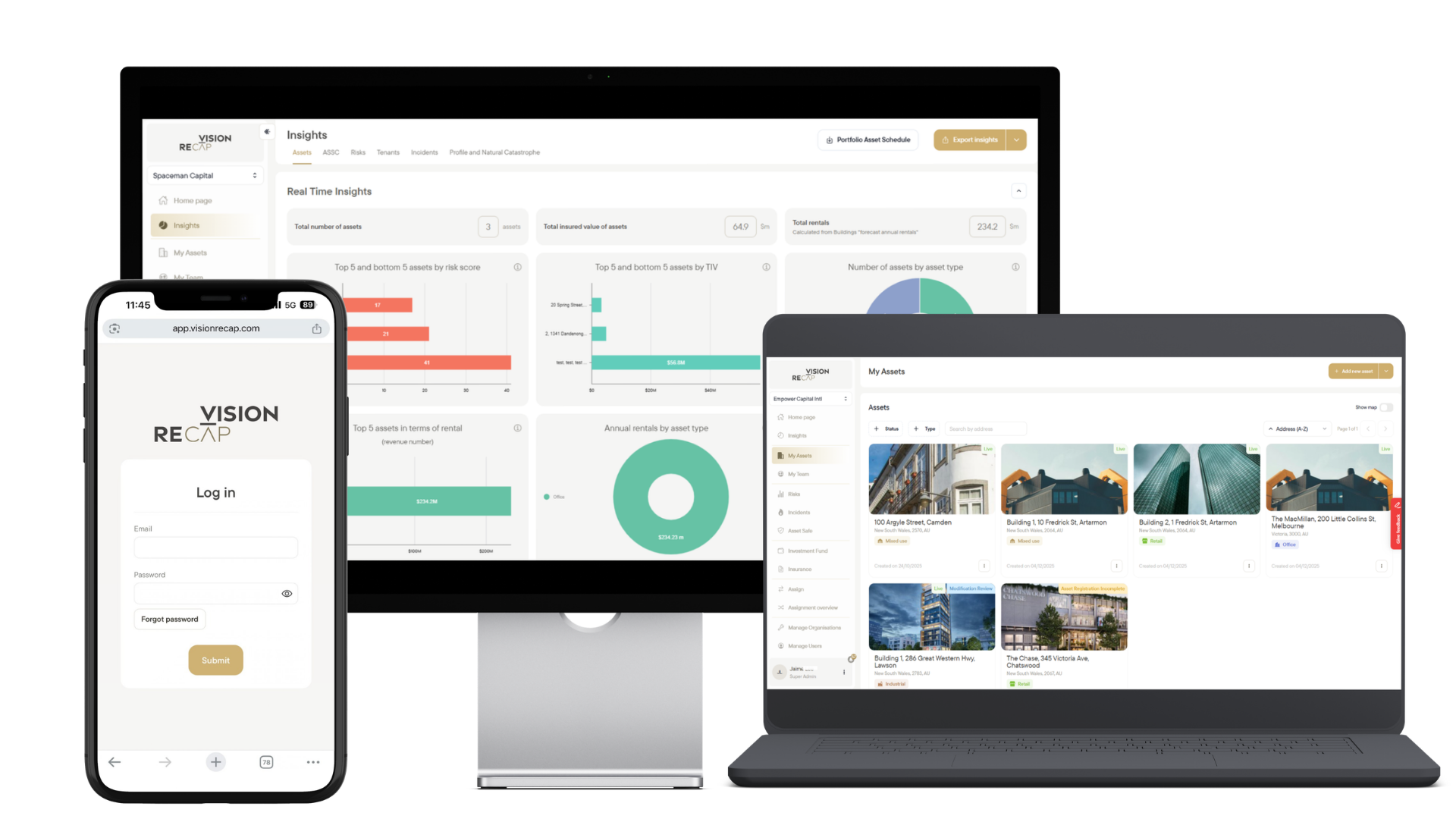 Asset management software interface with a map of Sydney, Australia, and asset details, alongside a smartphone screen showing a login page for the Vision Recap app.