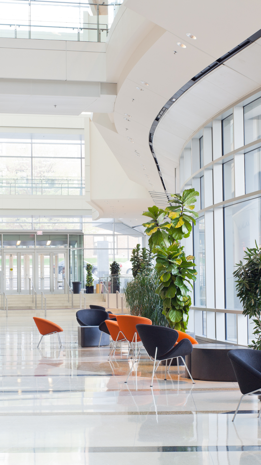 Modern lobby with large windows, colorful chairs, and green plants.