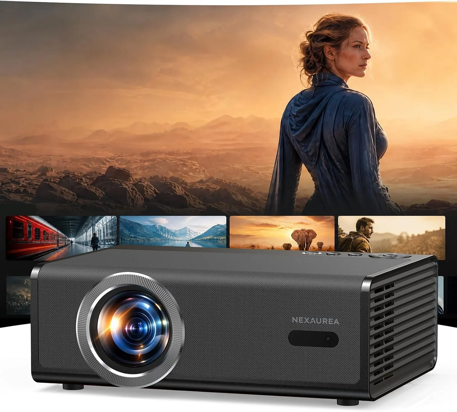 Projector with WiFi and Bluetooth, 4K Decoding, Dolby Audio & DTS, Auto Focus & Keystone，NexAurea Smart Projector with Built-in Apps, HDR10+, eARC, Home Theater Projector