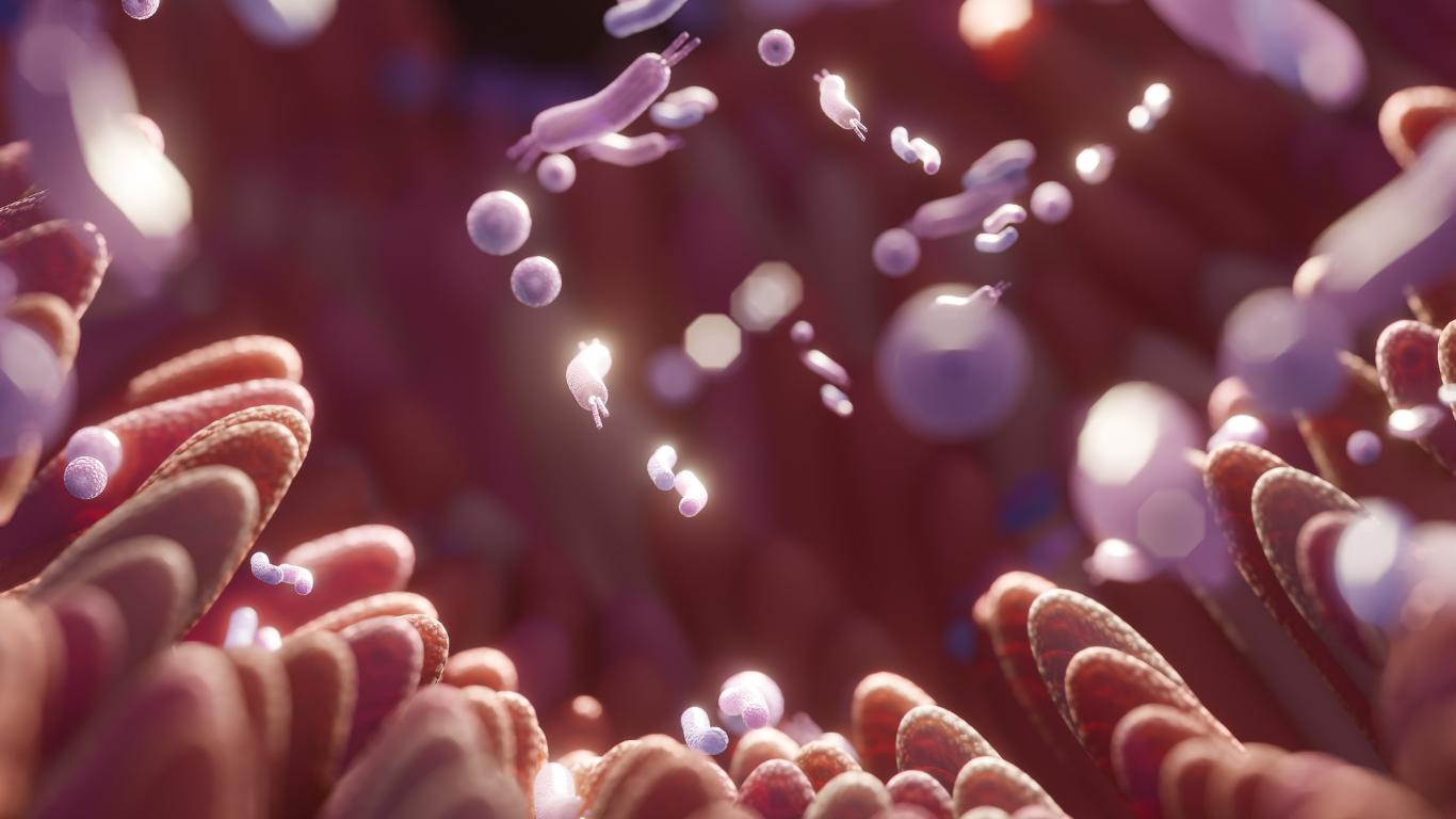 Close-up of bacteria or virus particles inside a biological environment, with structures resembling cell surfaces and microscopic floating organisms.
