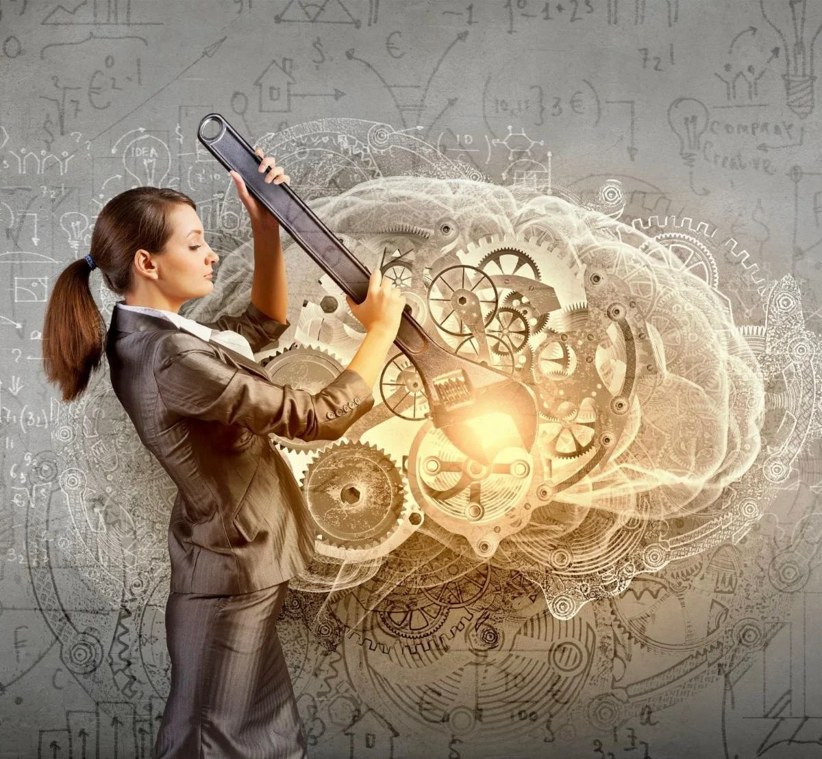 A woman in a business suit holding a large wrench, with digital gears and mechanical elements in the shape of a brain behind her, symbolizing engineering or technological innovation.