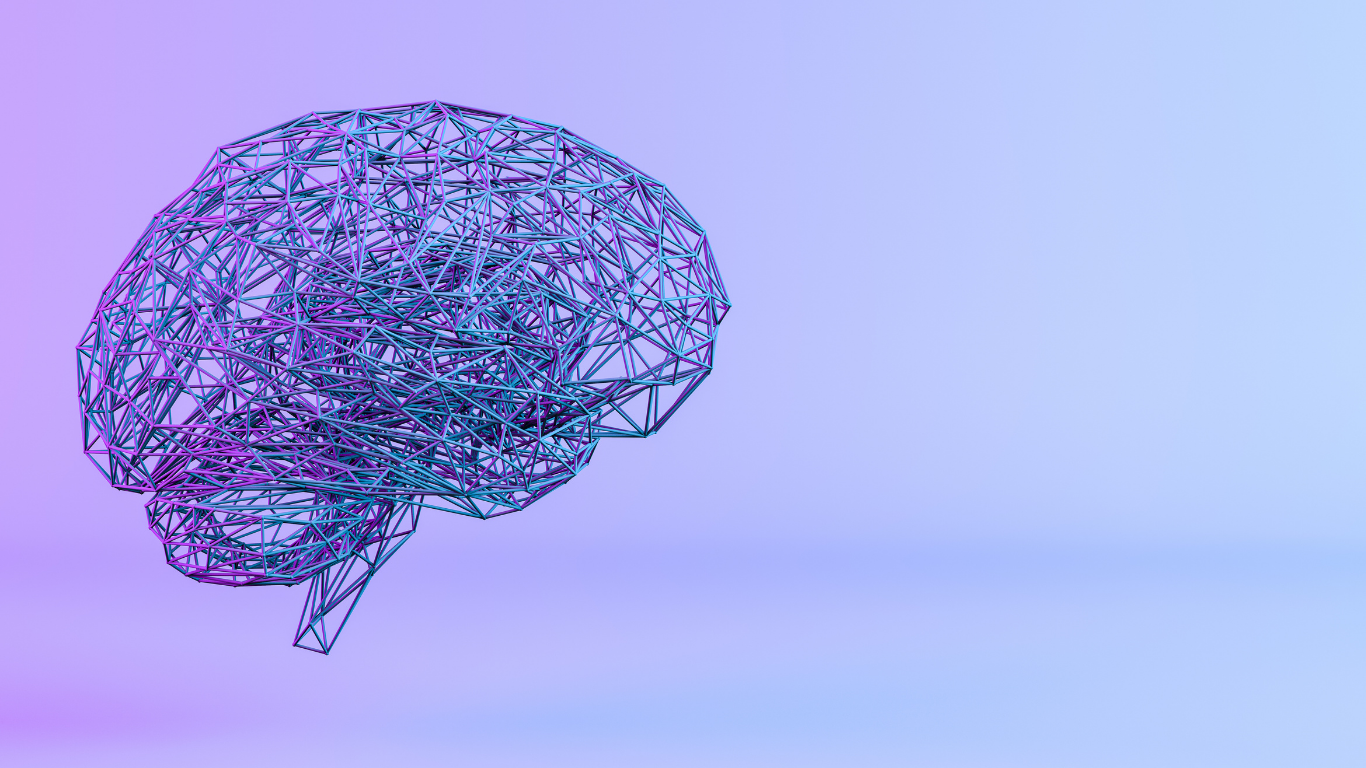 A digital illustration of a human brain outlined with interconnected purple and blue lines, set against a light gradient background.