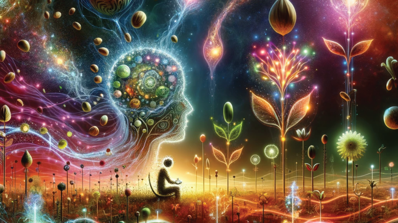 A surreal digital art scene depicting a human face formed by cosmic patterns, surrounded by floating planets and electric sky. In the foreground, a silhouette of a person sitting among glowing, oversized flowers and plants emitting vibrant light, creating a mystical, cosmic garden.