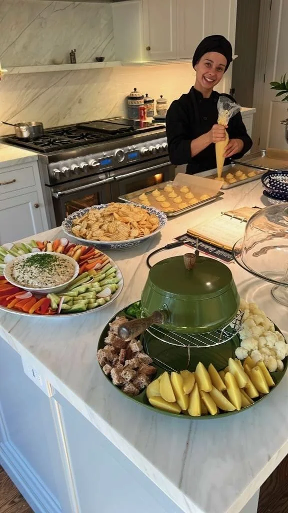 A woman in a black chef uniform and black headscarf is preparing food in a kitchen, piping filling onto cookies. The kitchen island has a tray of cookies, a vegetable platter, a bowl of dip, and various ingredients for a gathering.