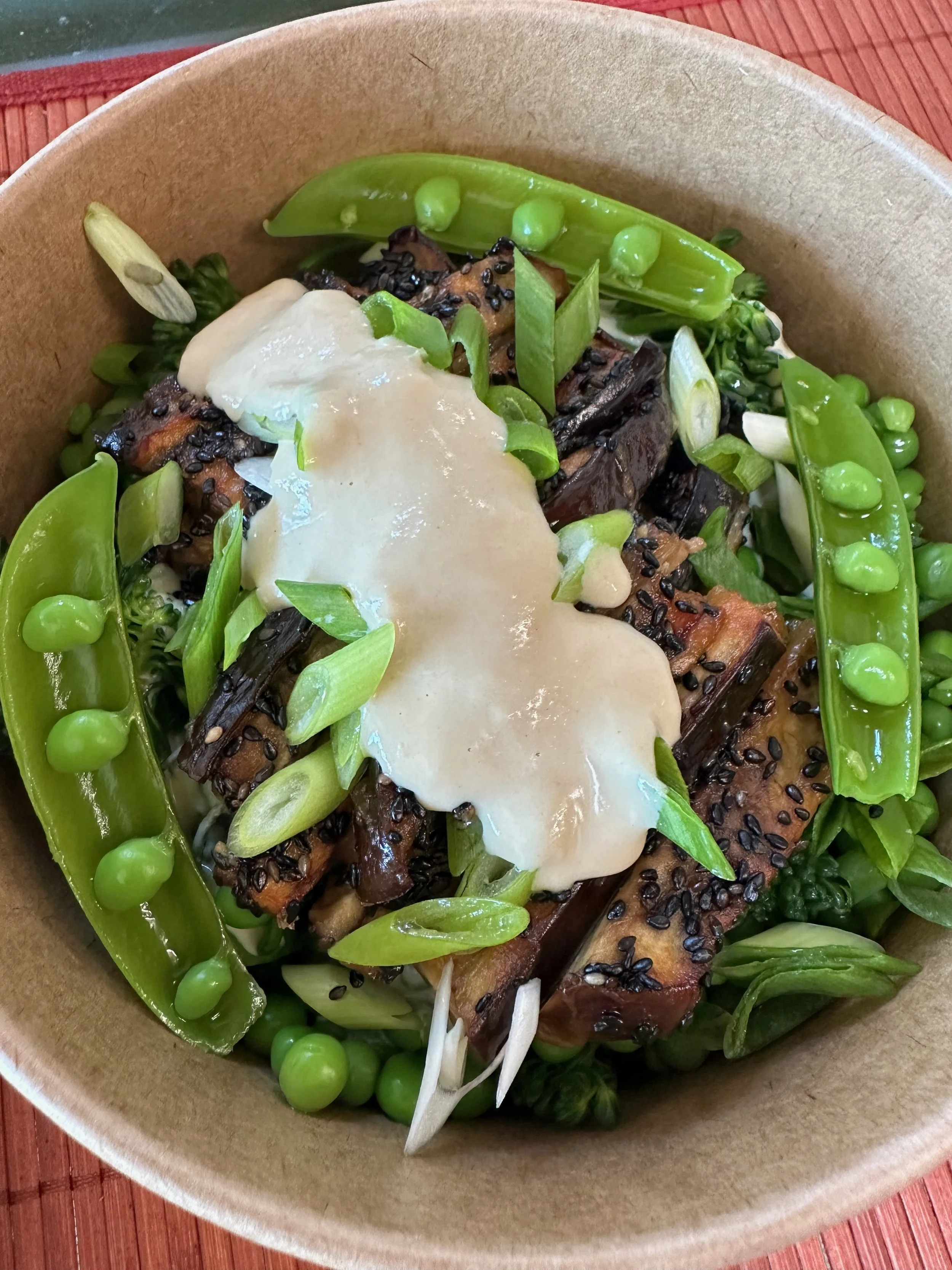 Bowl of grilled eggplant topped with sesame seeds, green onions, pea pods, and a sauce.