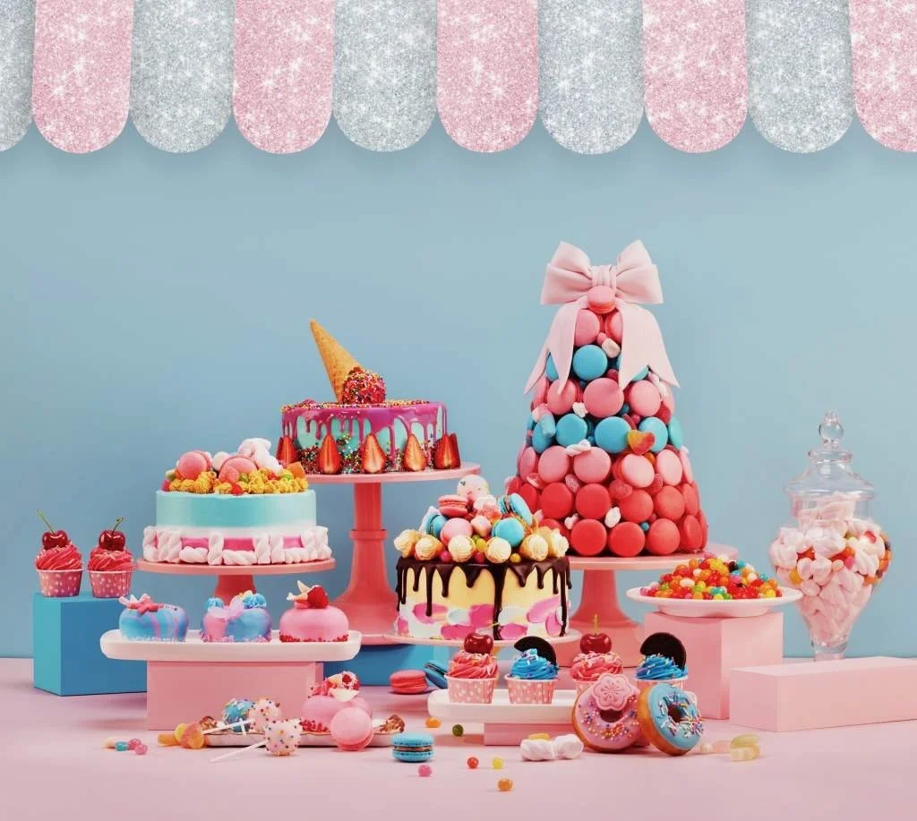 A colorful display of various cakes and candies on pastel pink and blue pedestals against a light blue background.