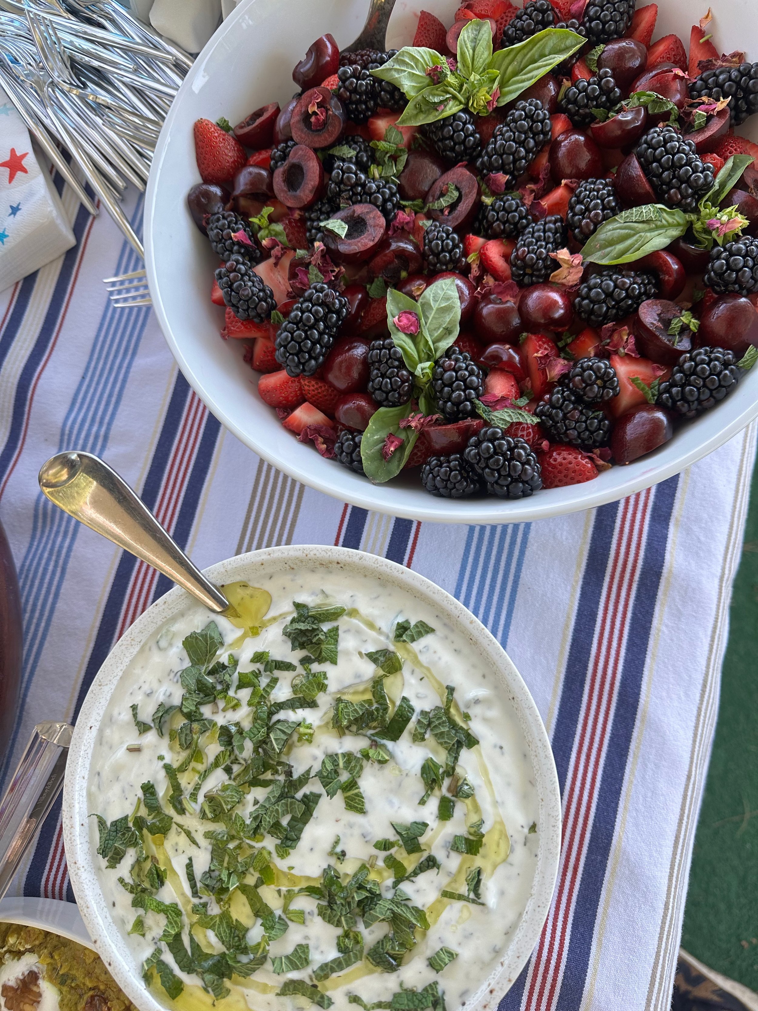 A large bowl of fresh mixed berries, including strawberries, blackberries, cherries, and grapes, garnished with fresh mint leaves, next to a bowl of creamy tzatziki sauce with chopped herbs and olive oil on a striped tablecloth.