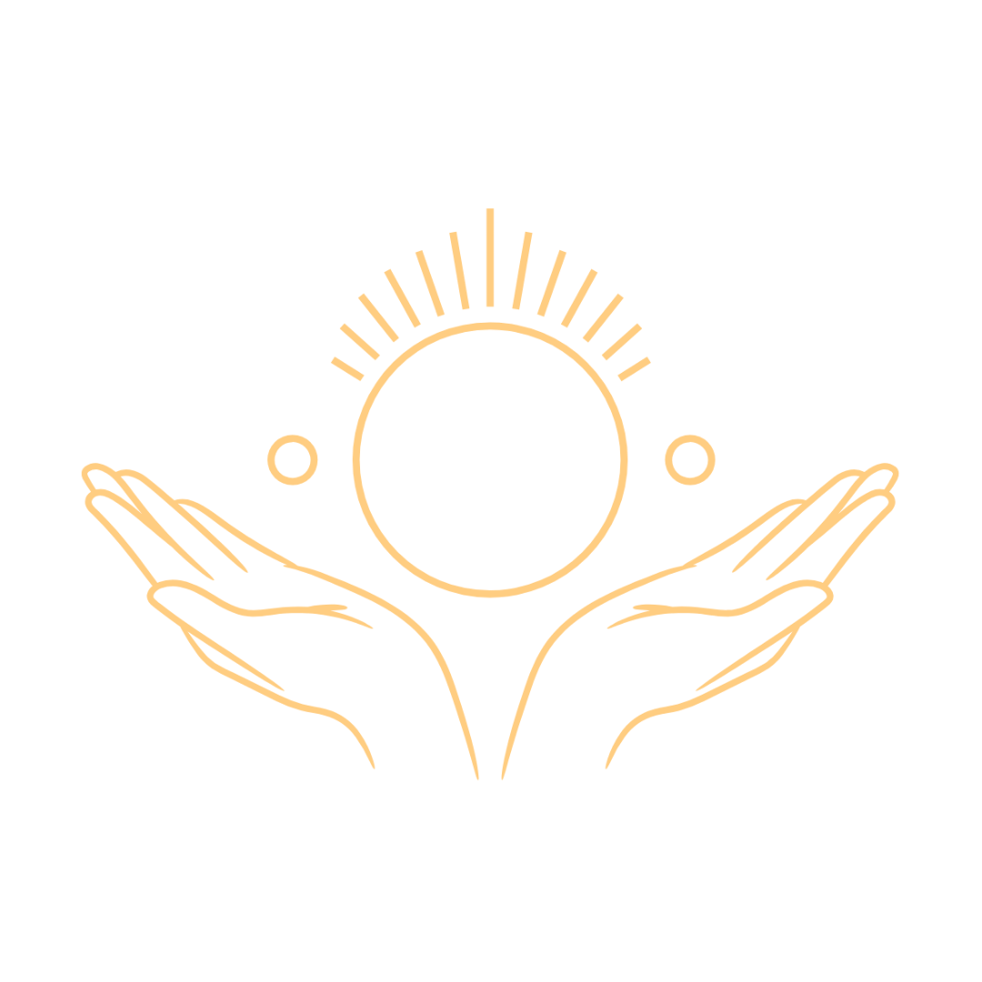 Minimalist illustration of two hands holding a circle with radiating lines, surrounded by small circles, on a black background.
