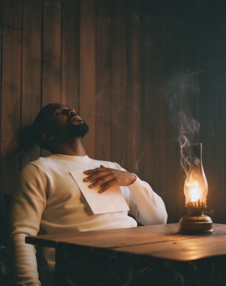 A man with a beard and glasses sits at a wooden table in a dimly lit room, leaning back with his eyes closed, holding a piece of paper against his chest. There is an oil lamp on the table casting a warm glow and smoke rises from it.