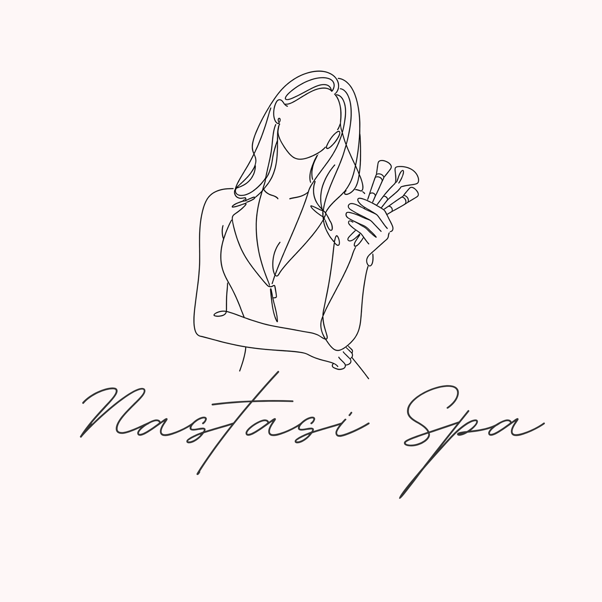 Line drawing of a woman holding makeup brushes, with the words "Masterpiece Spa" written below.