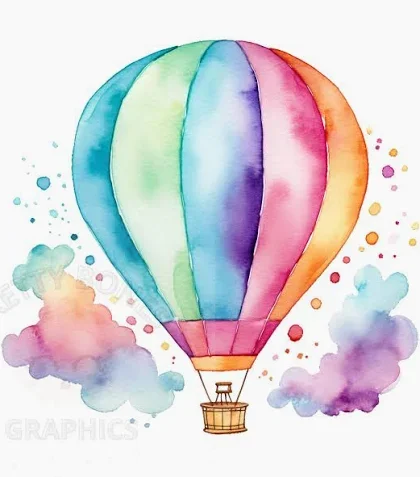 Colorful watercolor hot air balloon soaring among pink and blue clouds with splashes of color.