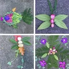 Collage of four images featuring handmade nature-inspired jewelry and crafts made from leaves, berries, and flowers.