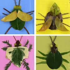 Four images of insects with leaf wings: a yellow and green moth, a yellow wasp, a green and white moth, and a green beetle.