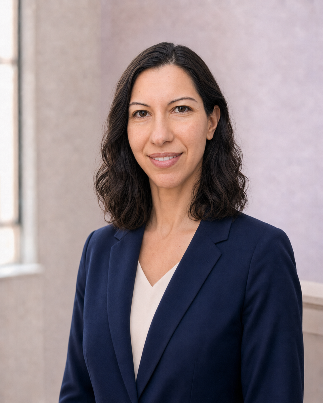 Professional woman with shoulder-length dark hair, wearing a navy blazer and white blouse, smiling in a softly lit indoor setting.