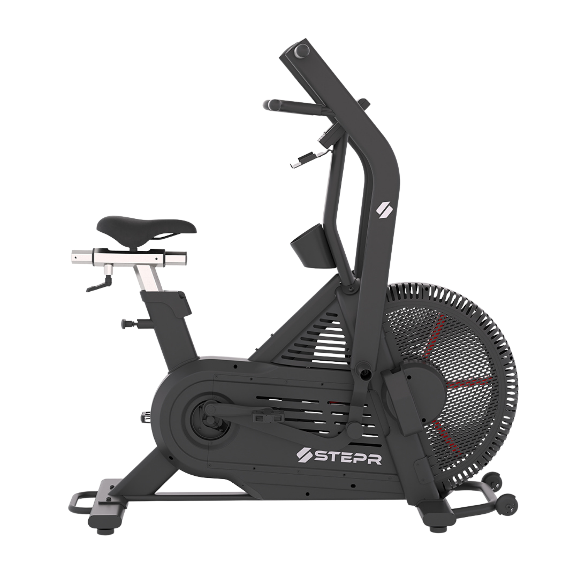Side view of a modern black exercise bike with a sleek design, a padded seat, and a large flywheel at the base.