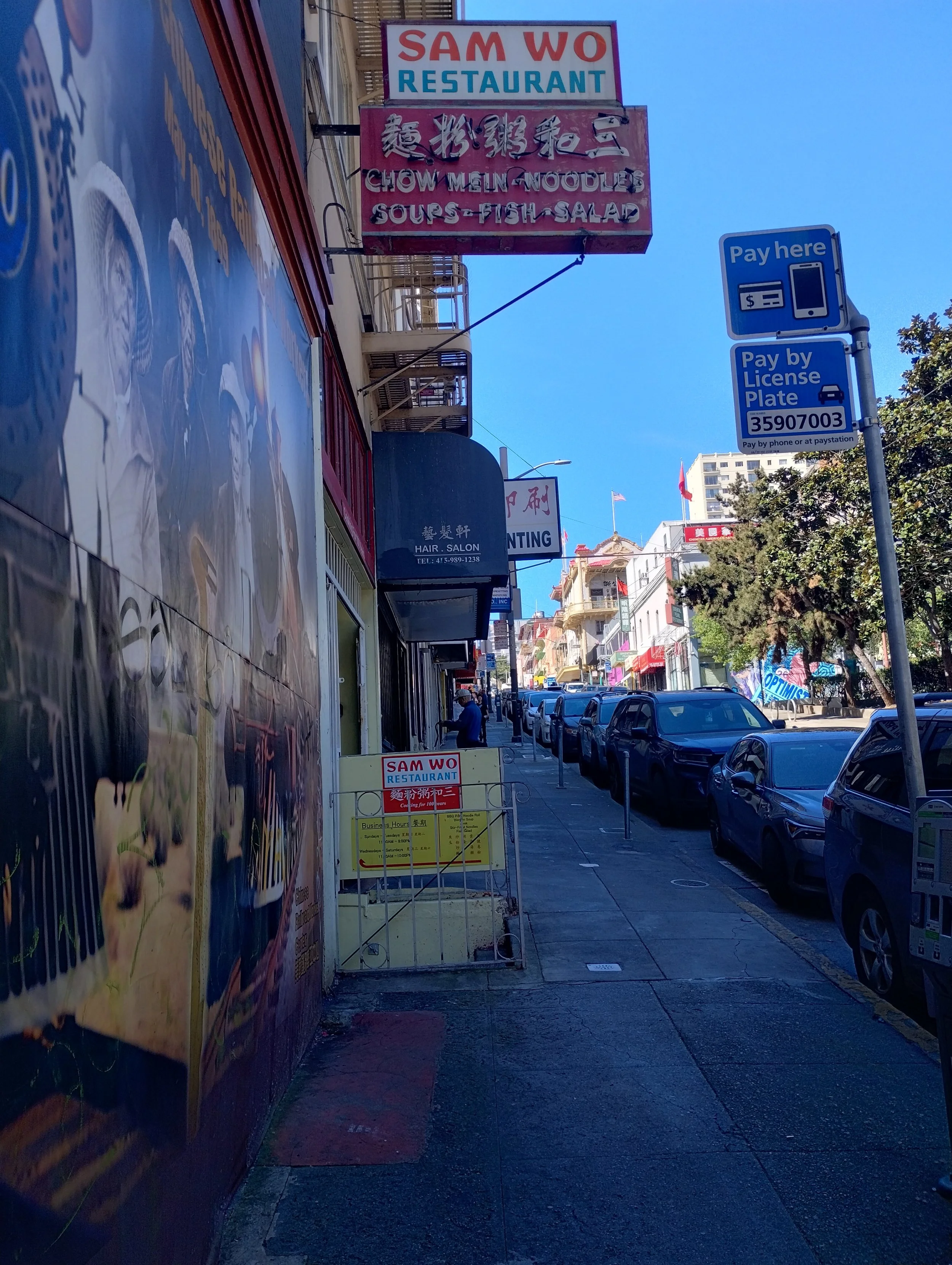 Street view with sidewalk, parked cars, and multiple signs including a restaurant sign for Sam Wo Restaurant that offers chow mein noodles, soups, fish, and salad. There are also signs indicating payment options and a hair salon below the restaurant sign. The scene shows a clear sky and buildings in the background with flags visible on one of the buildings.